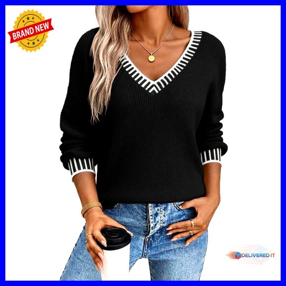 Sweaters - V Neck Pullover Sweater Chunky Knit Loose Fit Casual Elegant Fall Winter Tops